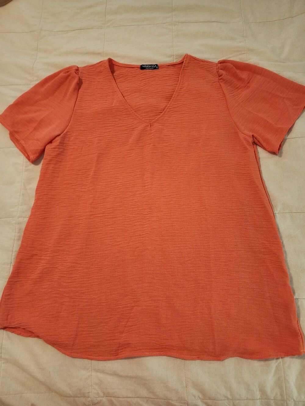 Heimish Women's Short Sleeve V-Neck Coral/Orange Top Ridged Fabric 1X